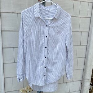 Splendid White and Navy Linen/Cotton Blend Striped Button Down Shirt